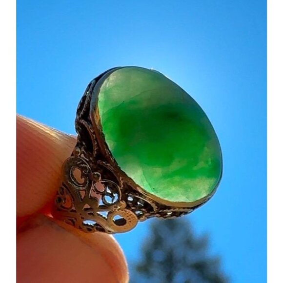 Estate Vintage 14k Gold Jade Ring Filigree Deco Womens Mens Size 6 - Picture 1 of 8